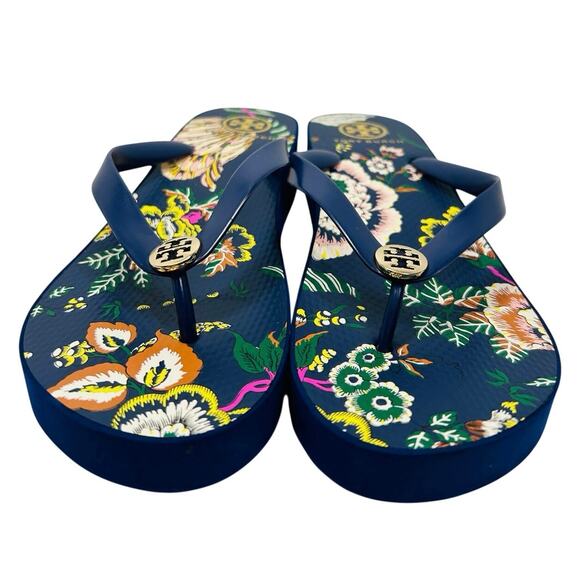 Tory Burch Platform Flip-Flops, floral pattern Montauk Navy/Happy Times. Size 10 - Picture 2 of 8